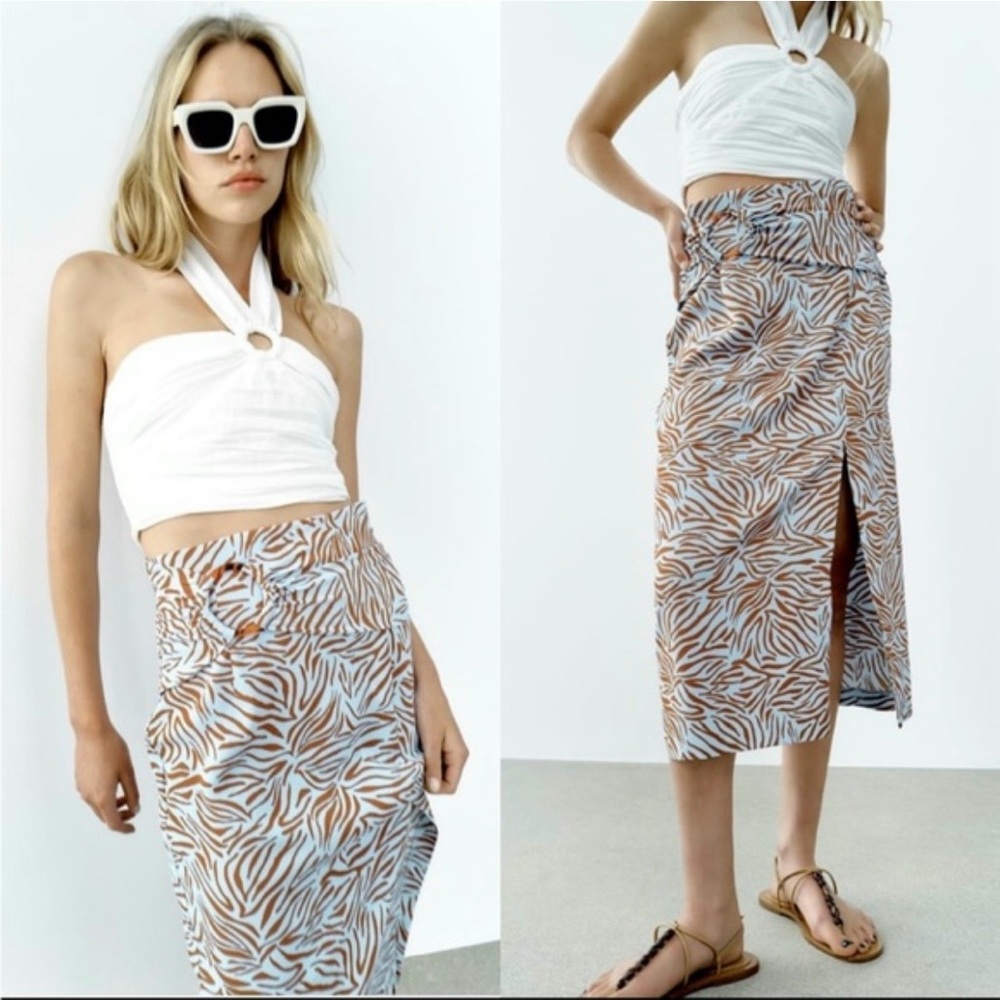 New Zara ZEBRA PRINT SKIRT, Size M, color Sand/Blue